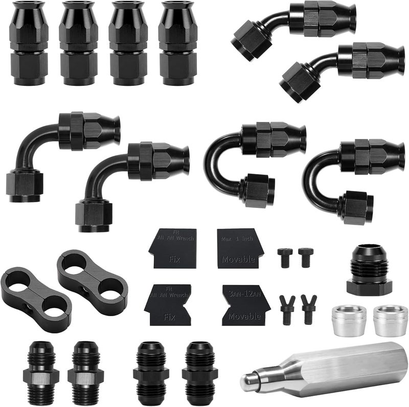 BRIFITOR 8AN PTFE Hose End Fittings Kit 0/45/90/180 Degree PTFE Fittings with Flare Anti-Leak AN8 Male Adapters,AN Wrench Protectors & Hose Assembly Tool For E85 Fuel Line,Black - Image 1